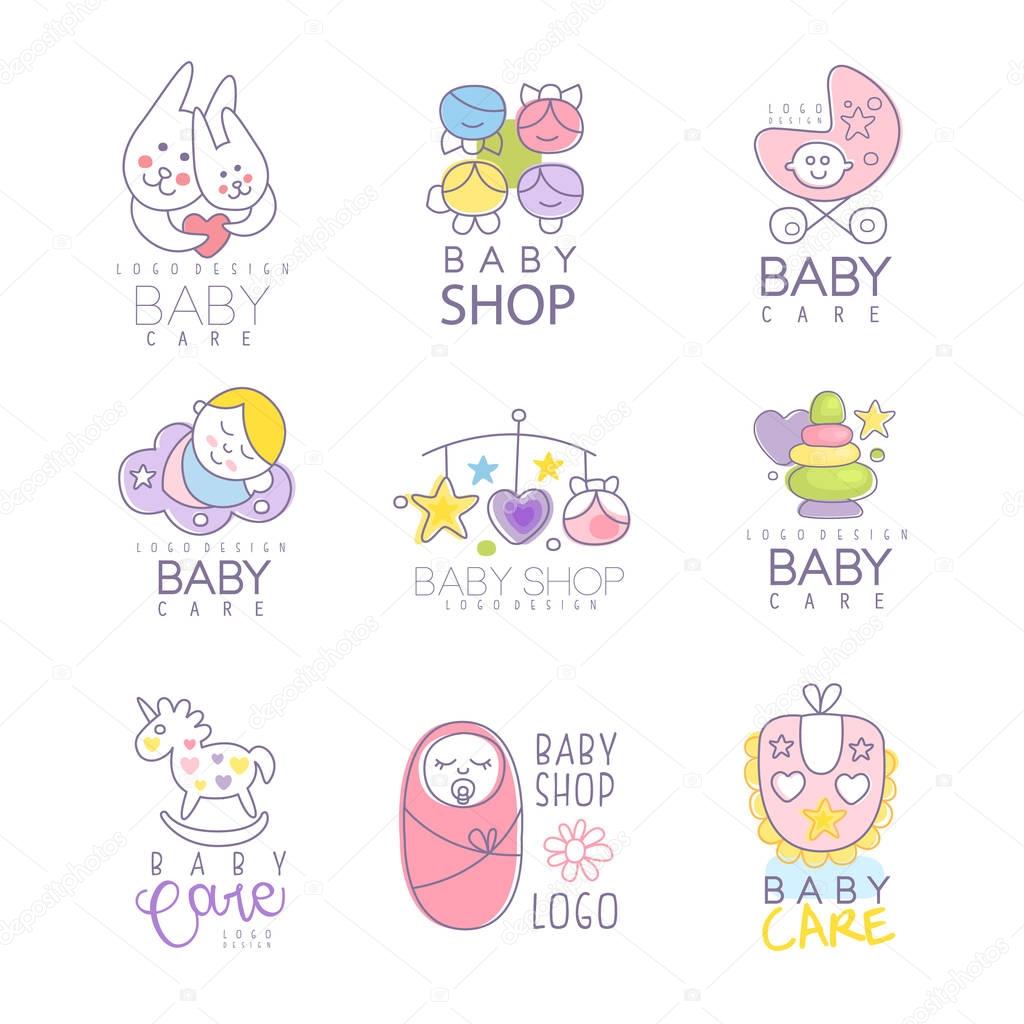 Baby shop set for logo design. Colorful hand drawn vector Illustrations for baby goods, care belongings, products, kid store, advertising