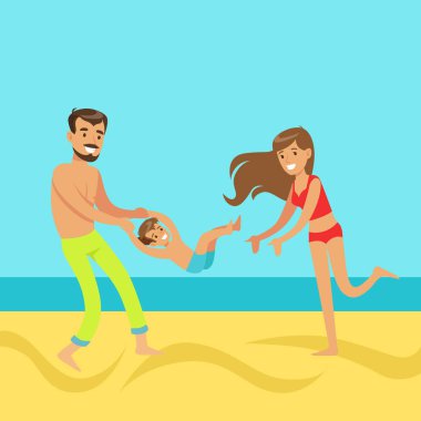 Mutlu anne ve baba bir plajda eğlenmek oğulları ile