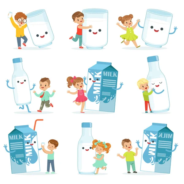 Lindos niños pequeños divirtiéndose y jugando con cajas grandes, tazas y botellas de leche, listos para el diseño de etiquetas. Personajes de dibujos animados coloridos — Archivo Imágenes Vectoriales