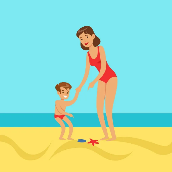 Mother with her son walking on a beach — Stock Vector