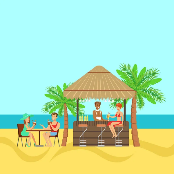 Persone sedute in un bar sulla spiaggia tropicale, a bere cocktail — Vettoriale Stock