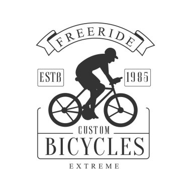 Freeride aşırı özel bisikletler bağbozumu etiket. Siyah ve beyaz vektör çizim