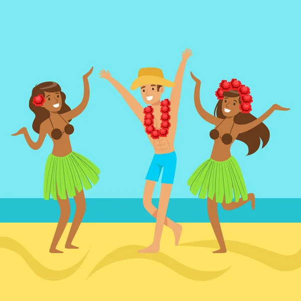 Hawaiian girls and happy man dancing on on a tropical beach — Stock Vector