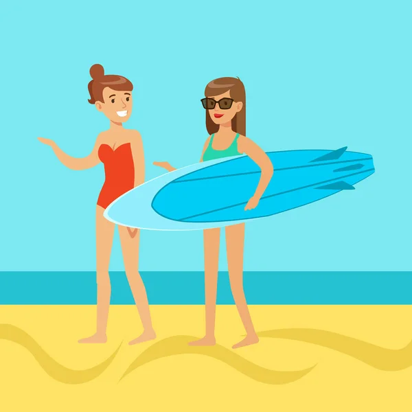 Två unga kvinnor som promenerar på stranden, flicka i solglasögon håller en surfbräda — Stock vektor