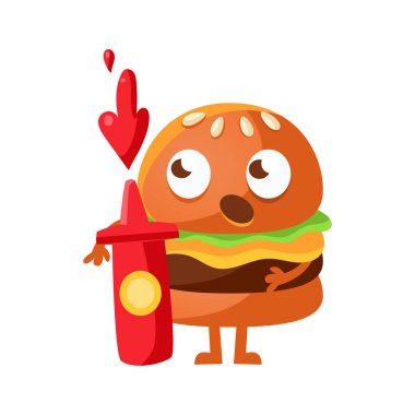 Komik burger ayakta ve kırmızı şişe ketçap tutan iri gözlü. Sevimli çizgi lokanta emoji karakter vektör çizim