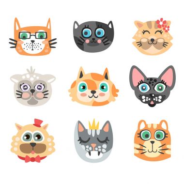 Komik karikatür kedi kafaları kümesi. Kediler farklı doğurmak renkli karakter vektör çizimler