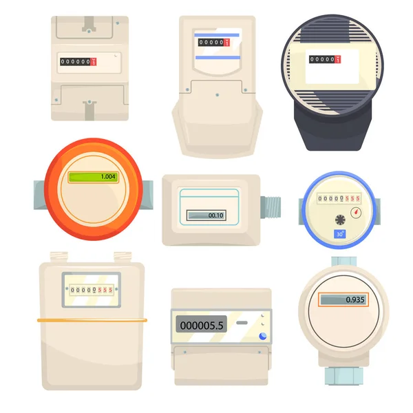 Set of meters, mechanical and electronic counters vector Illustrations — Stock Vector