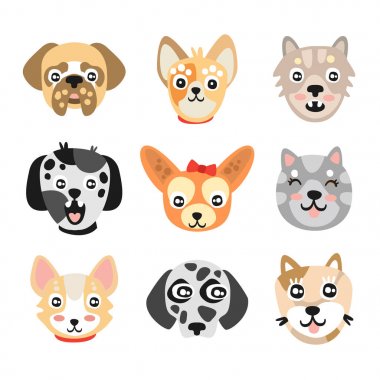 Sevimli çizgi köpek kafaları kümesi. Renkli karakter vektör çizimler