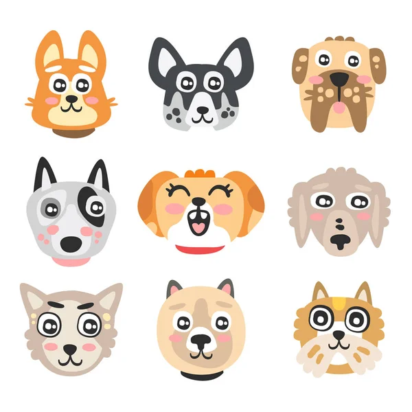 Conjunto de cabeças de cães engraçados desenhos animados. Cães de raças diferentes vetor de caráter colorido Ilustrações — Vetor de Stock