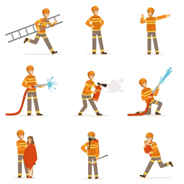 Bomberos con uniforme naranja haciendo su trabajo. Bombero en diferentes situaciones vector de dibujos animados Ilustraciones — Vector de stock