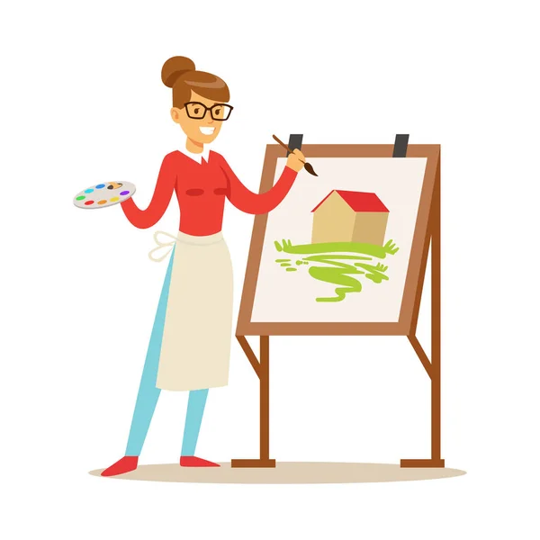 Woman artist holding palette and brush standing near easel. Craft hobby and profession colorful character vector Illustration — Stock Vector