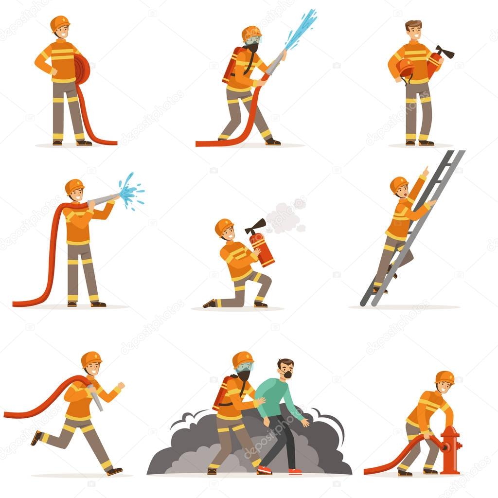 Firemen characters doing their job and saving people set. Firefighter in different situations cartoon vector Illustrations