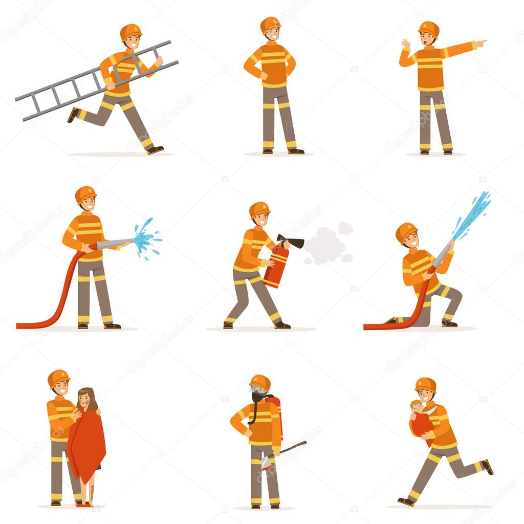 firefighters in orange uniform doing their job set. Fireman in different situations cartoon vector Illustrations
