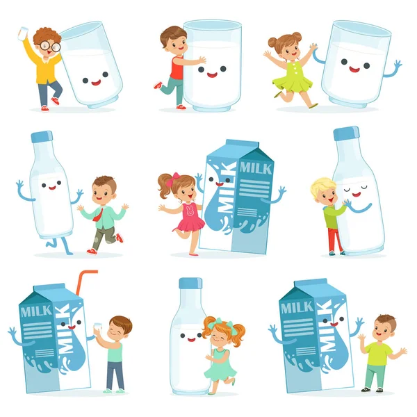 Χαριτωμένα παιδάκια διασκεδάζουν και να παίζουν με μεγάλα κουτιά, κούπες και μπουκάλια από γάλα, ορισμός για σχεδίαση της ετικέτας. Πολύχρωμα καρτούν χαρακτήρες — Διανυσματικό Αρχείο