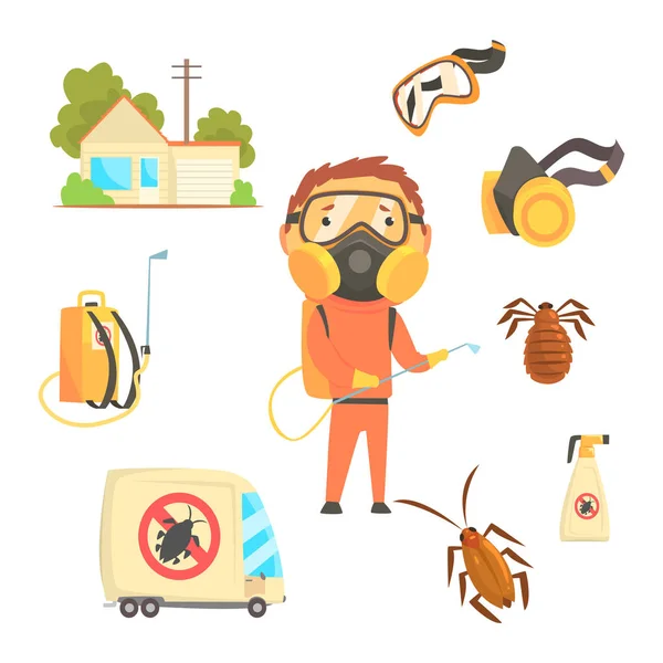 Insektenvernichter in orangefarbenem Chemikalienschutzanzug mit Ausrüstung und Produkten. Schädlingsbekämpfung Service Karikatur bunte Illustrationen — Stockvektor