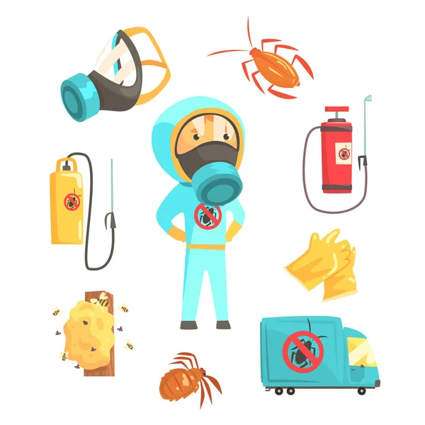 Exterminators van insecten in chemische beschermende pak met apparatuur en producten instellen. Pest control-service cartoon kleurrijke illustraties — Stockvector