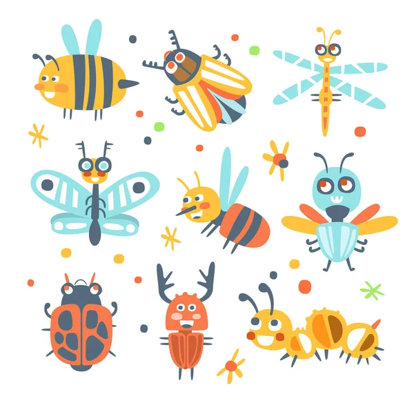 Conjunto de insetos de desenhos animados bonitos. Insetos engraçados personagens de desenhos animados coloridos —  Vetores de Stock