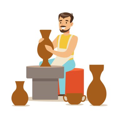 Potter seramik kap yapma genç adam. Zanaat hobi ve meslek renkli karakter vektör çizim