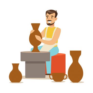 Young man potter making ceramic pot. Craft hobby and profession colorful character vector Illustration clipart