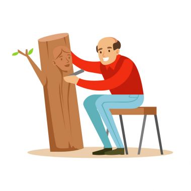 Usta bir kadın portresi gövde parçası üzerinde oyma. Zanaat hobi ve meslek renkli karakter vektör çizim