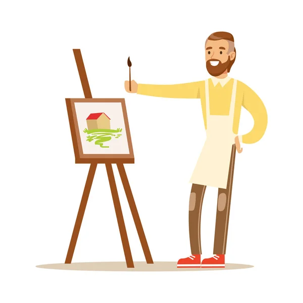 Férfi művész paletta és ecset közelében festőállvány holding. Kézműves hobby és szakma színes karakter vektoros illusztráció — Stock Vector
