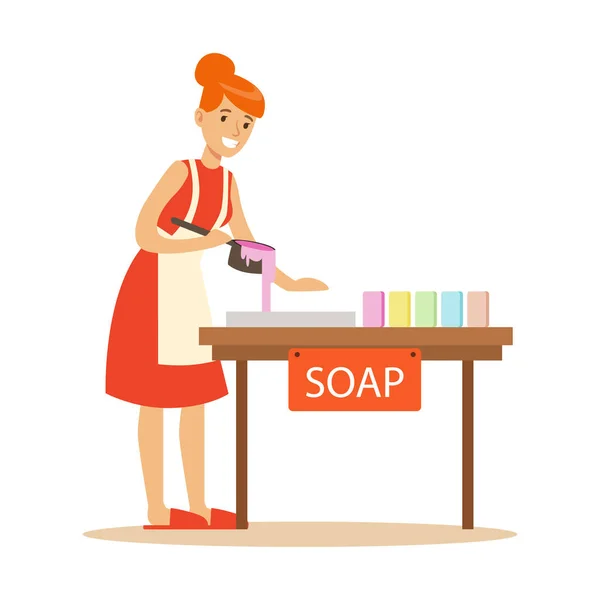 Happy young woman making homemade soap. Craft hobby and profession colorful character vector Illustration — Stock Vector