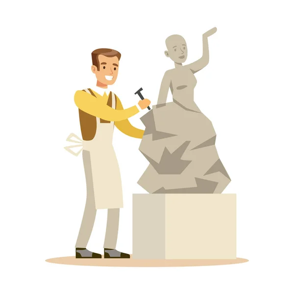 Young man sculptor working on his sculpture. Craft hobby and profession colorful character vector Illustration — Stock Vector