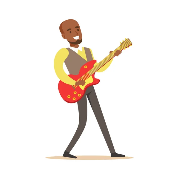 Young musician playing electric guitar. Colorful character vector Illustration — Stock Vector