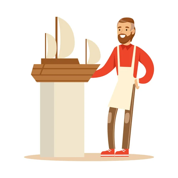 Smiling man making model of a sail boat. Hobby or profession olorful character vector Illustration — Stock Vector