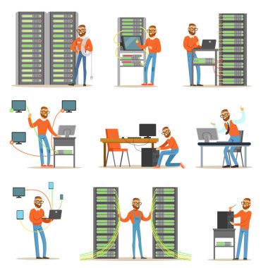 Ağ sunucu odasına çalışan genç adam. Teknisyen veri merkezinde renkli resimler ayarla