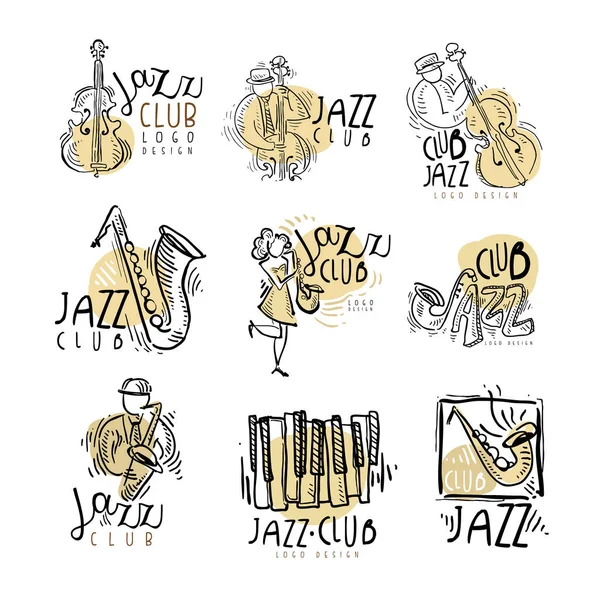 Etichette jazz club. Vintage mano disegnato vettoriale Illustrazioni — Vettoriale Stock