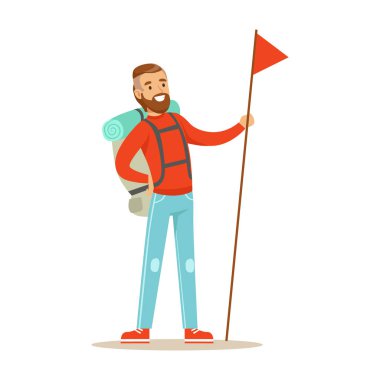 Sırt çantası ve holdiing kırmızı bayrak uzun bayrak direği ile olan ayakta Gezgin genç adam. Renkli kamp yaz karakter vektör çizim karikatür