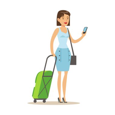 Seyahat bavul ile ayakta ve akıllı telefon elinde tutan neşeli kadın. Renkli karikatür karakter vektör çizim