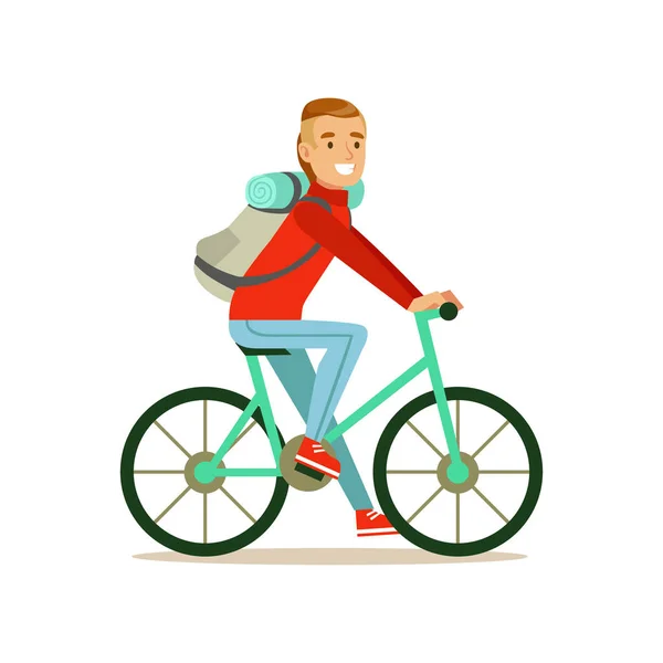 Bicyclist traveler with backpack riding a bike, colorful cartoon character vector Illustration — Stock Vector