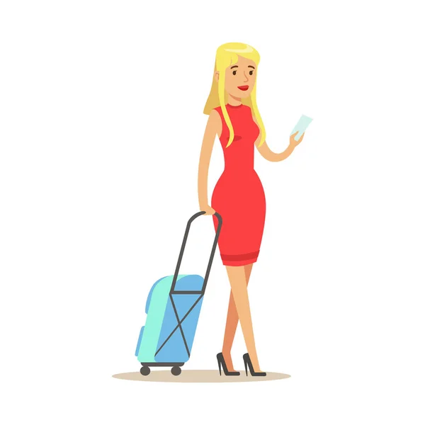 Belle fille blonde dans une robe rouge voyageant avec une valise. Illustration vectorielle de personnage de dessin animé coloré — Image vectorielle