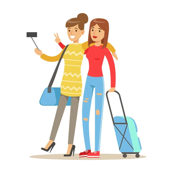 Dos turistas sonrientes chica con maletas de pie y tomar foto selfie en el teléfono inteligente. Personas viajando colorido personaje de dibujos animados vector Ilustración — Vector de stock