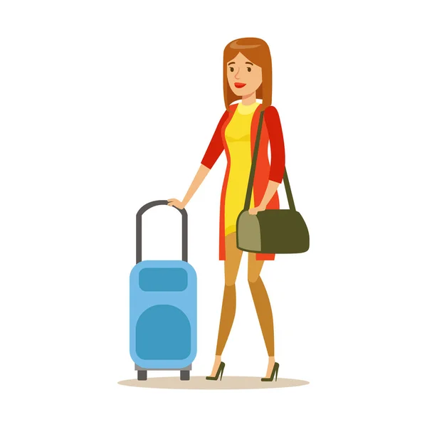 Una joven viajando con una maleta. Colorido personaje de dibujos animados vector Ilustración — Vector de stock