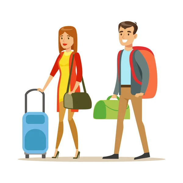 Tourists couple with travel bags. People traveling colorful cartoon character vector Illustration — Stock Vector