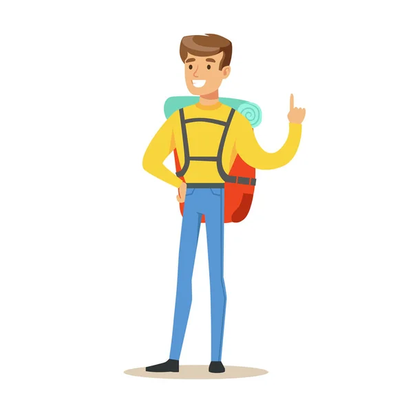 Ung man turist står med ryggsäck färgglada tecknad karaktär vektor Illustration — Stock vektor