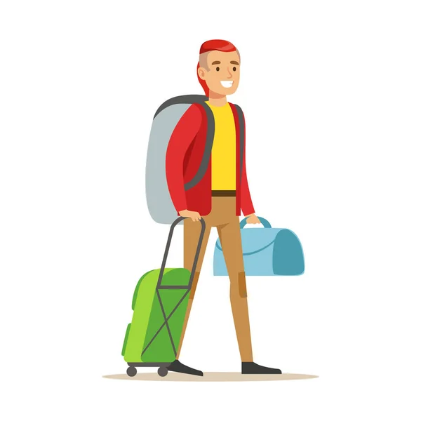 Hombre sonriente viajero de pie con mochila y maletas. Colorido personaje de dibujos animados vector Ilustración — Vector de stock