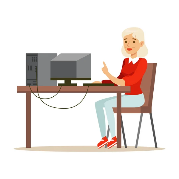 年轻的金发女人坐在她的办公桌前，丰富多彩的人物矢量图时使用笔记本电脑 — 图库矢量图片