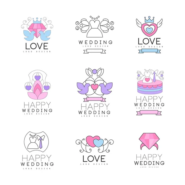 Amor e conjunto de casamento para design de logotipo, coleção de ilustrações coloridas — Vetor de Stock