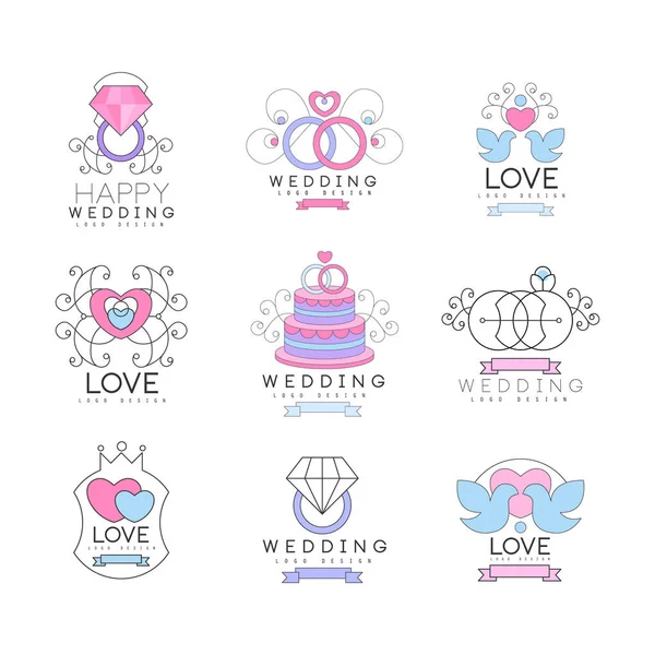 Verheugd huwelijksfeest en liefde voor logo ontwerp, collectie van kleurrijke illustraties instellen — Stockvector