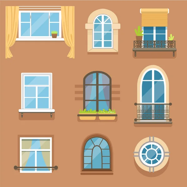 Ventanas configuradas en diferentes estilos y formas. Marcos de ventana vista exterior — Vector de stock