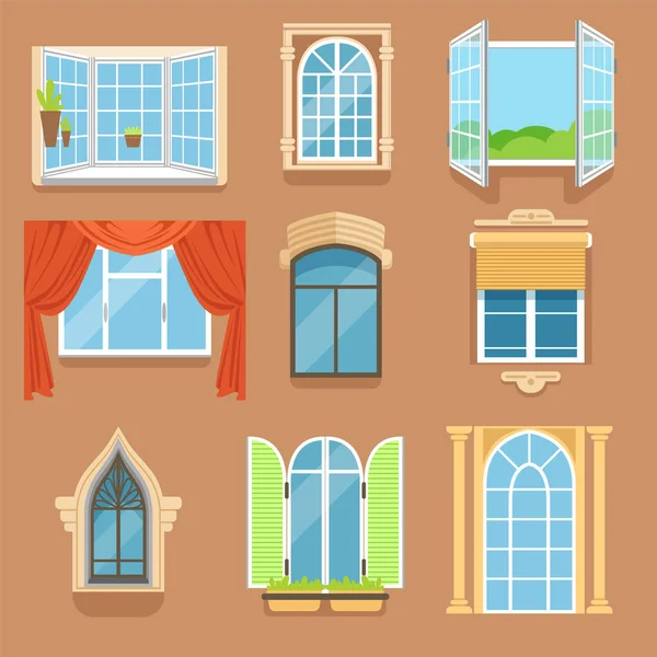 Ventanas vintage y modernas ambientadas en diferentes estilos y formas. Marcos de ventana vista exterior — Vector de stock