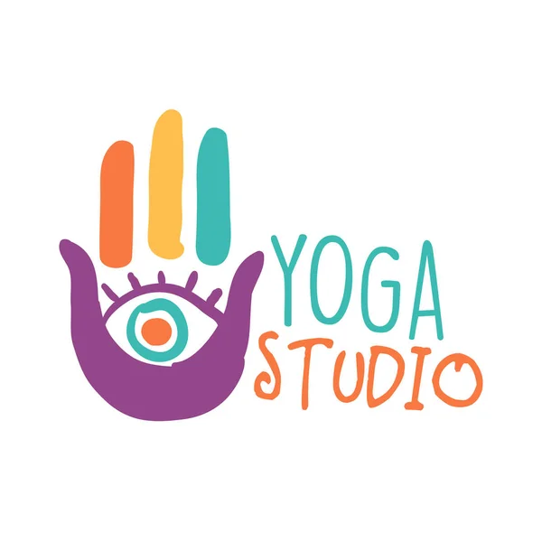 Logotipo del estudio de yoga, ilustración colorida del vector dibujado a mano — Vector de stock