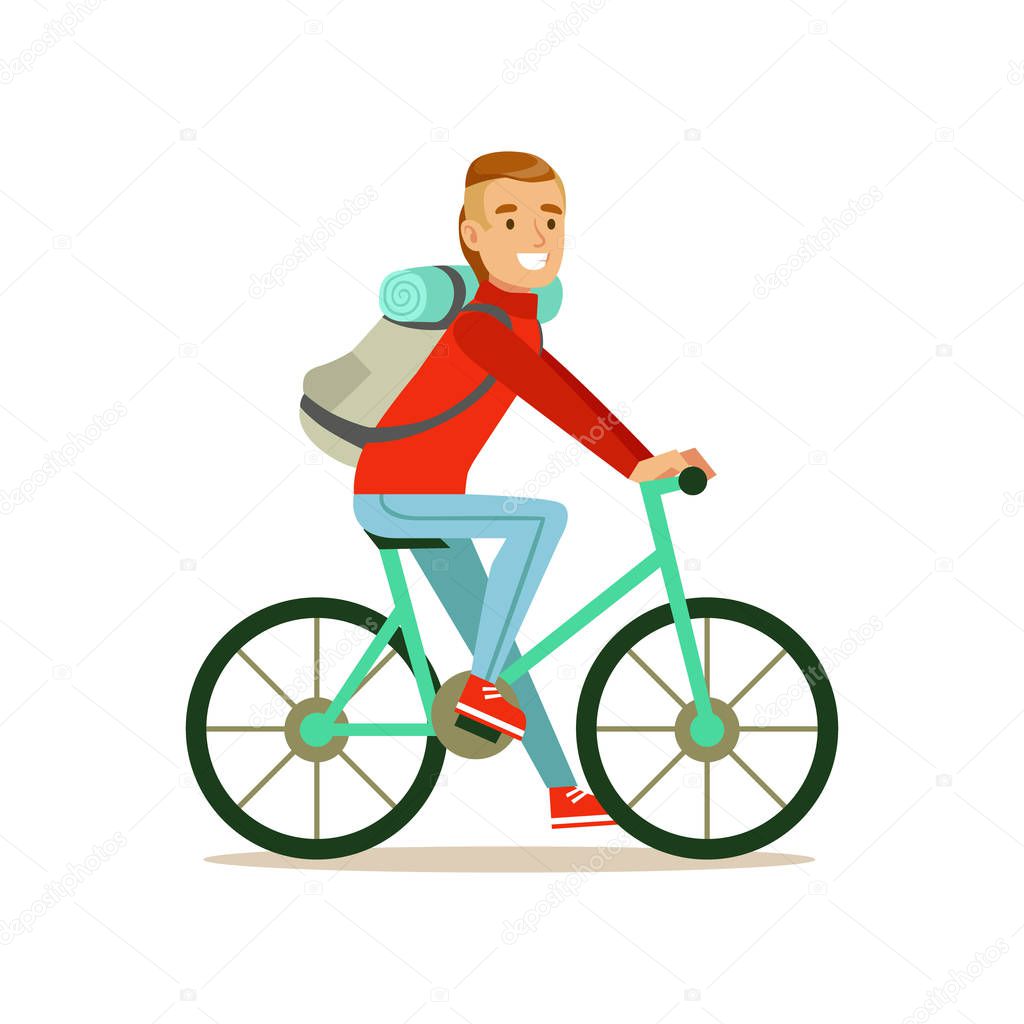Bicyclist traveler with backpack riding a bike, colorful cartoon character vector Illustration