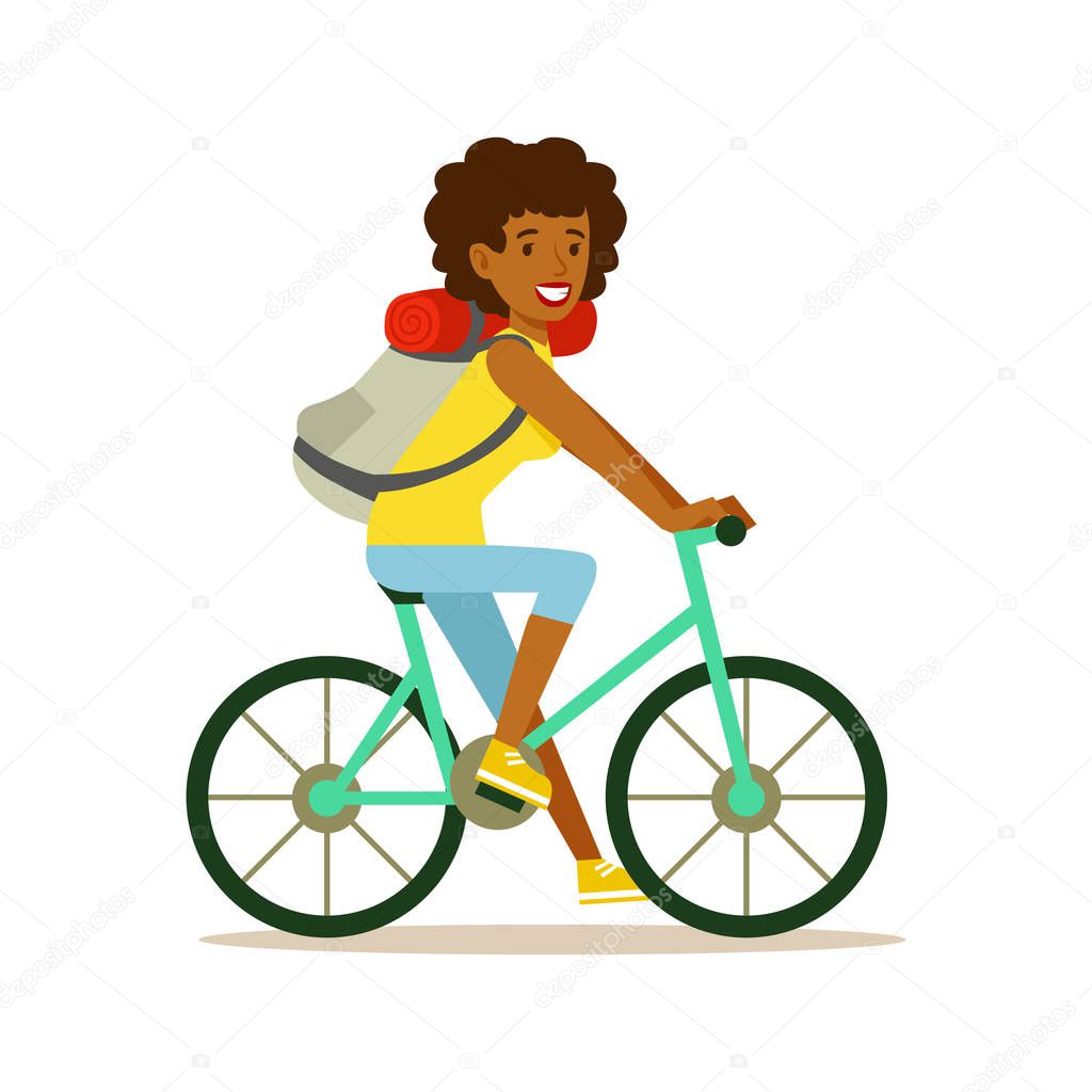 Young happy woman riding on a bicycle with a backpack, colorful cartoon character vector Illustration