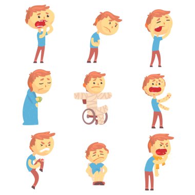 Hasta insanlara acı ve hastalıkları olan kişiler kümesi. Renkli çizgi film karakterleri çizimler vektör