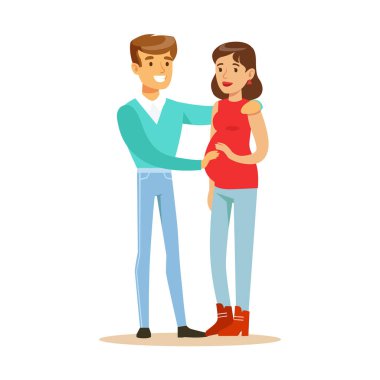 Mutlu genç hamile çift renkli karakterler illüstrasyon vektör